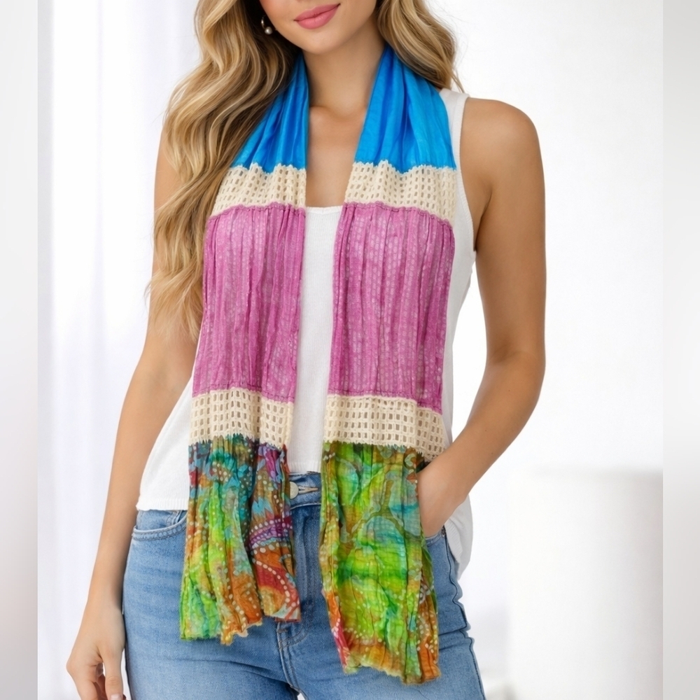 Boho Crochet Metallic Batik Cotton Summer Scarf Sash